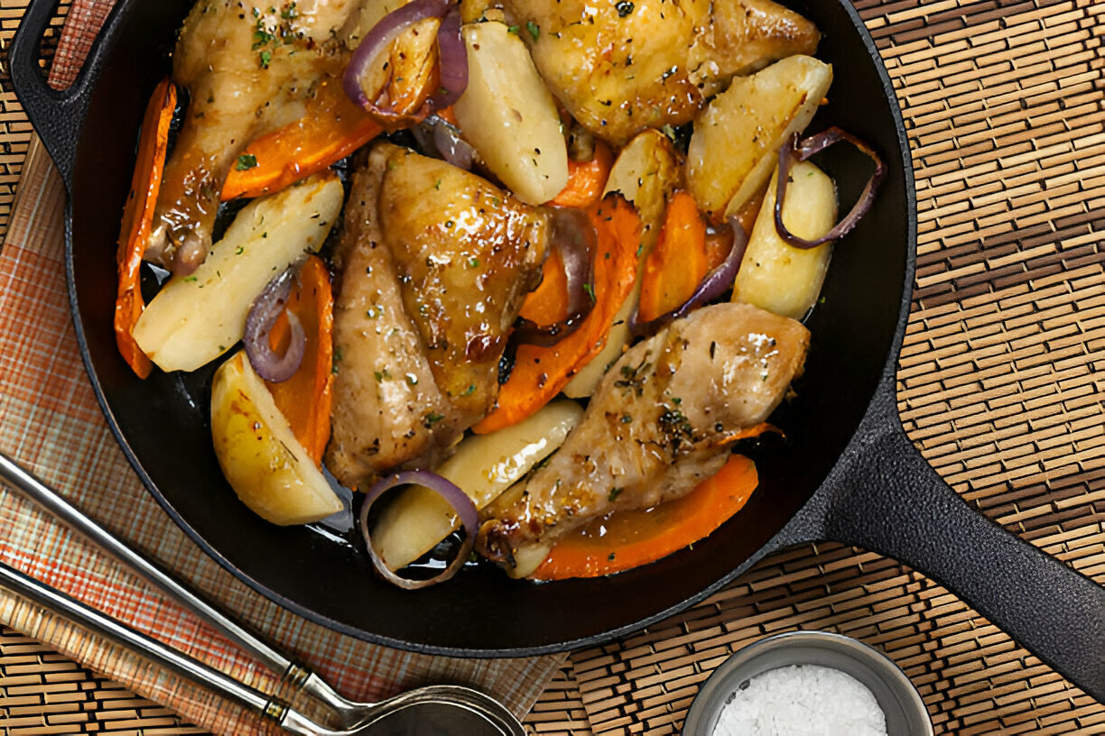 A cast iron skillet filled with cooked chicken, carrots, potatoes, and red onion, served with salt.