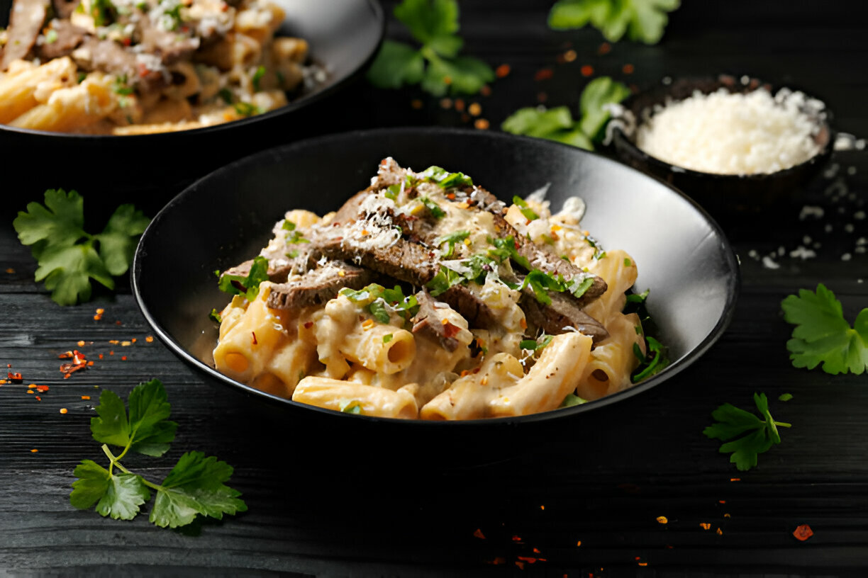 Close-up of a creamy pasta dish topped with sliced beef and fresh herbs in a black bowl, garnished with grated cheese.