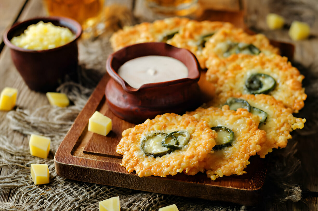 A wooden platter with fried snacks topped with jalapenos and a small bowl of dipping sauce, surrounded by cubes of cheese.