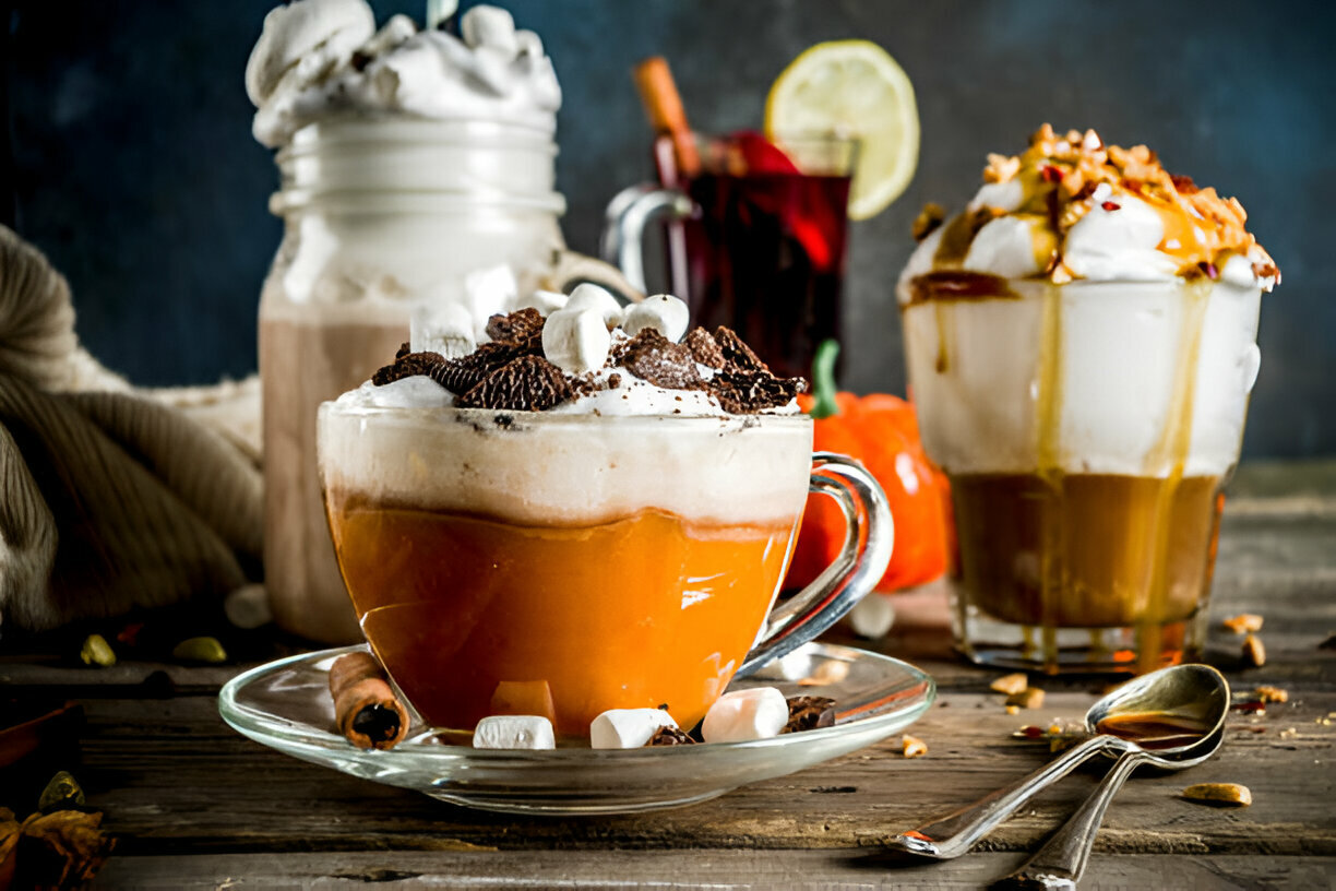 A cozy autumn beverage scene featuring a pumpkin spice drink topped with whipped cream and chocolate cookies, with additional drinks in the background.