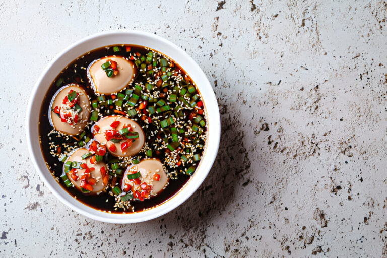 A bowl of marinated eggs in a dark sauce with green onions and red chili slices