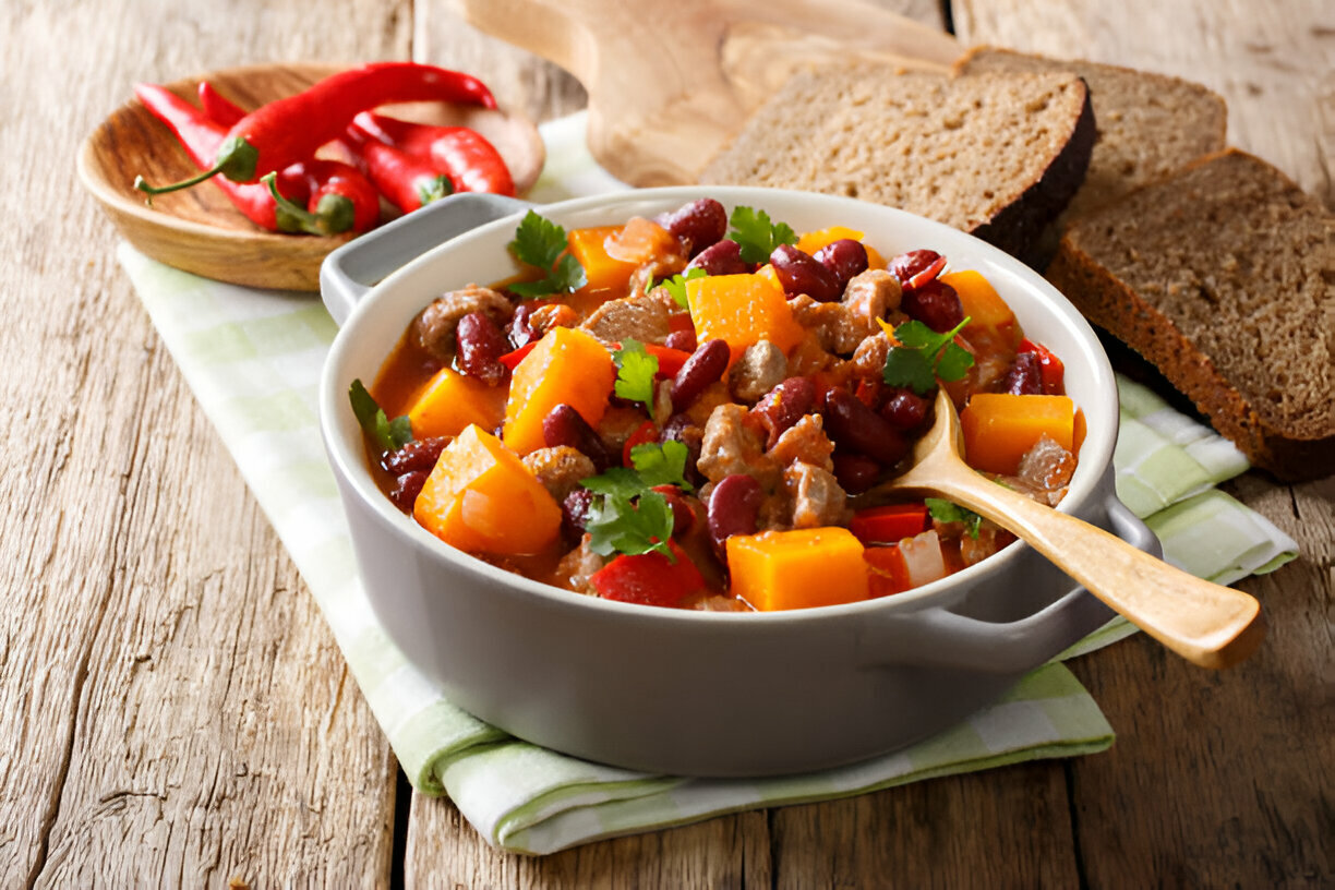 A hearty bowl of chili with beans, squash, and chopped vegetables, served with slices of dark bread and red chilies.