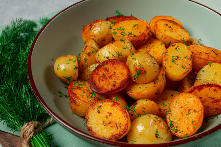 A bowl of deliciously roasted potatoes garnished with fresh herbs.