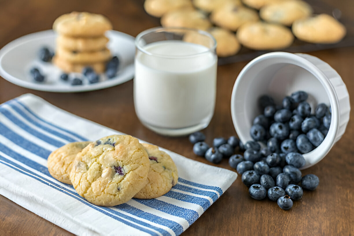 Freshly baked cookies with blueberries and a glass of milk on a wooden table.