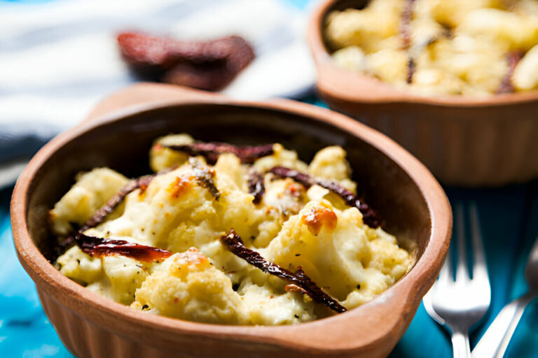 Baked cauliflower dish in a clay bowl, garnished with dried chili peppers.