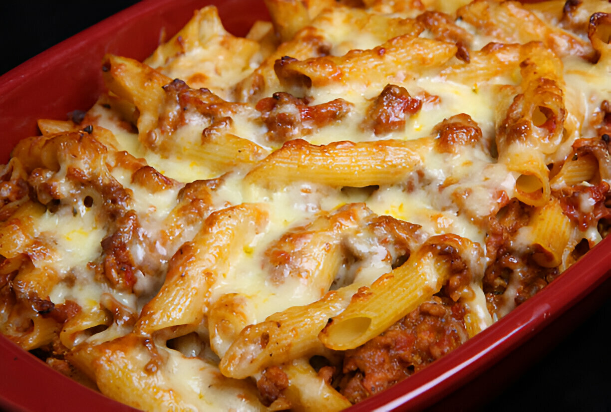 A close-up of a baked pasta dish with cheese and meat sauce, served in a red casserole dish.