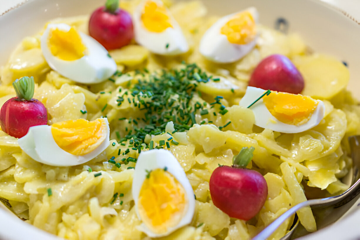 Creamy pasta dish garnished with sliced boiled eggs and red baby radishes.