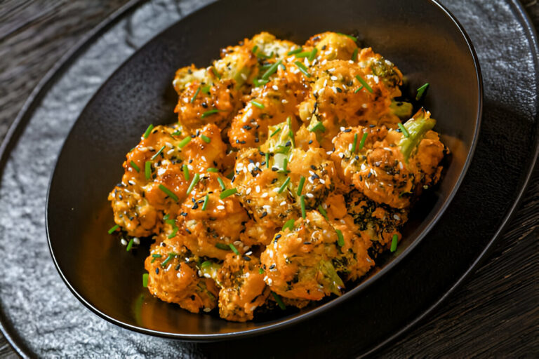 A delicious serving of spicy roasted cauliflower topped with green onions and sesame seeds, presented in a black bowl.