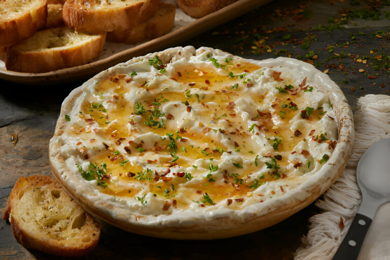 Creamy cheese dip garnished with herbs and spices, served with toasted bread slices.